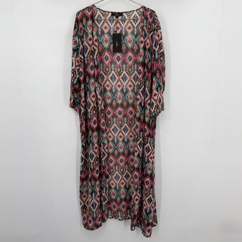 L&B Lucky & Blessed Boho Plus Ikat Kimono Duster Sheer Cover Up Spring NWT 3X